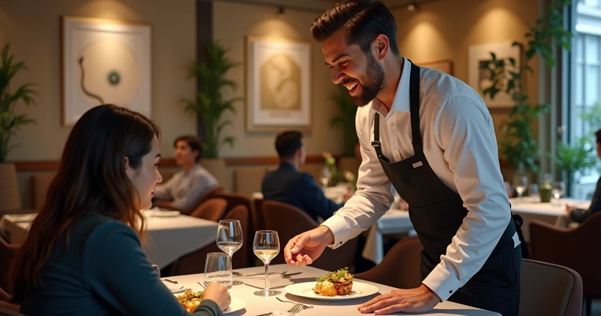 Garçom atendendo cliente com sorriso em mesa de restaurante elegante 