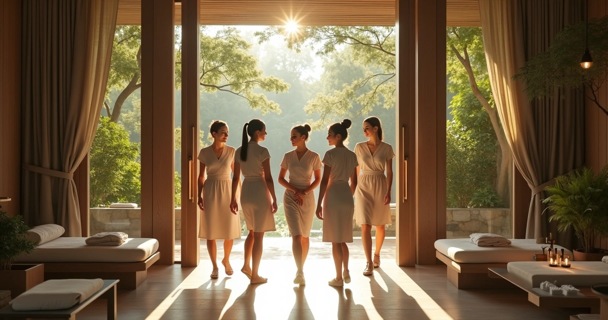 Equipe do spa recebendo um cliente com sorriso ao entrarem em ambiente elegante e arborizado 