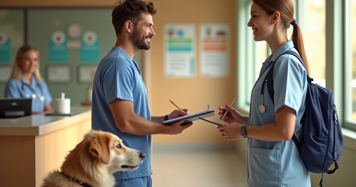 Recepção de pet em hotel, profissional anotando informações com tutor ao lado de cachorro 