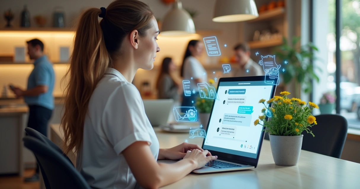 Vendedora usando chatbot em loja virtual para atender cliente