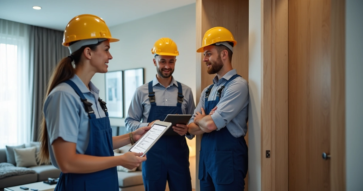 Equipe de pós-obra consertando manutenção em apartamento moderno 