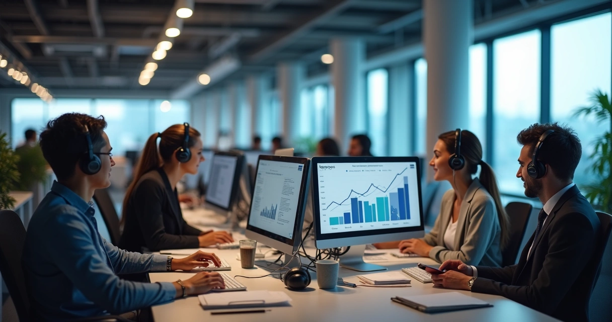 Equipe atendendo cliente online em um escritório moderno