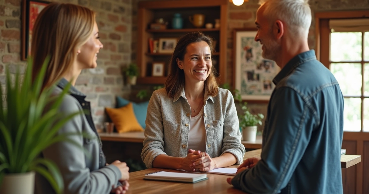 Recepcionista de pousada pequena atendendo hóspede com sorriso próximo ao balcão 