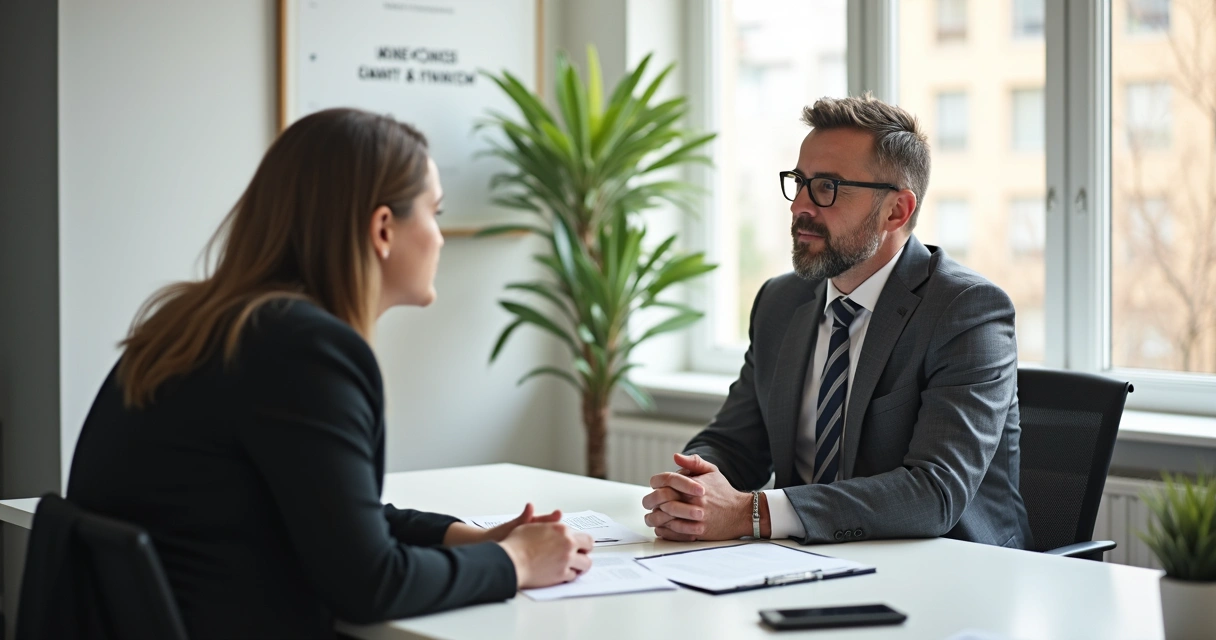 Síndico conversando presencialmente com morador em sala do condomínio