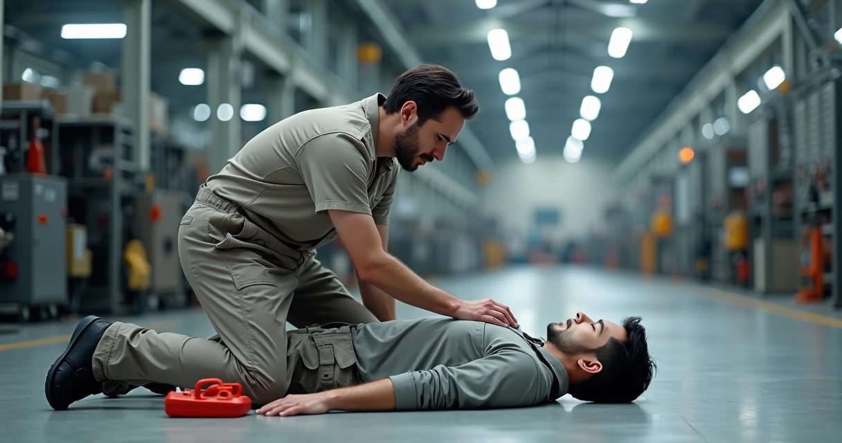 Profissional prestando primeiros socorros em funcionário acidentado em ambiente industrial