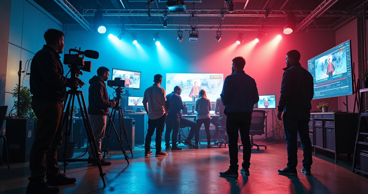 Equipe de uma produtora de vídeo trabalhando em estúdio de gravação moderno com câmeras, iluminação e monitores 