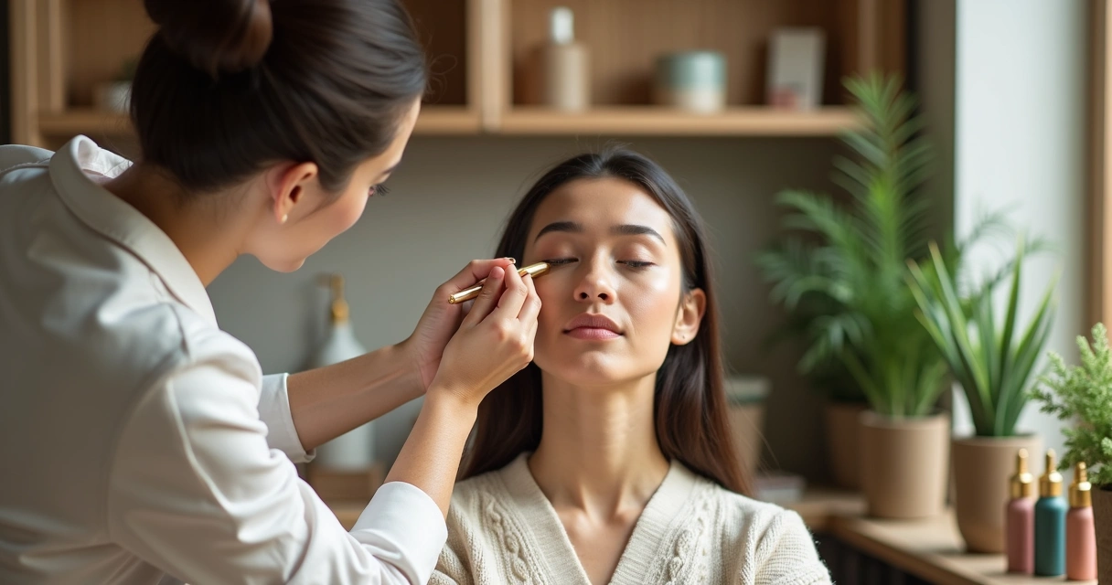 Profissional aplicando cosmético vegano em cliente no salão 