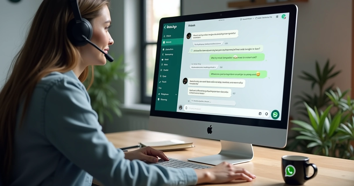 Atendente em mesa usando computador com WhatsApp, mostrando conversa profissional 
