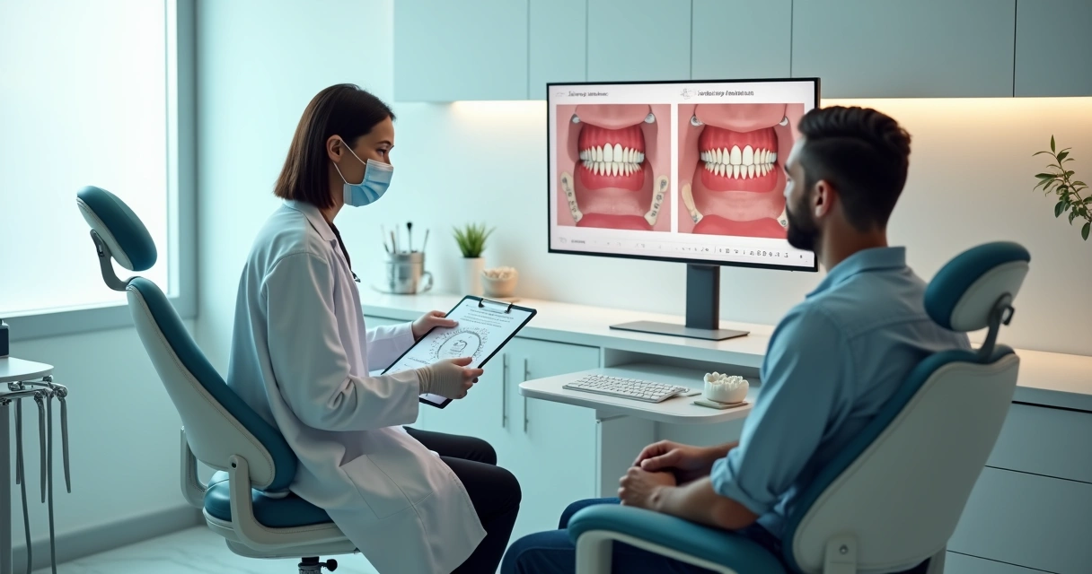 Dentista em consultório moderno mostrando passo a passo do atendimento de prótese flexível para paciente 