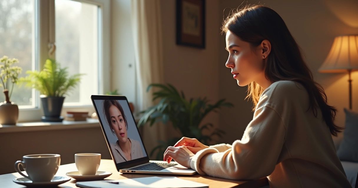 Mulher usando notebook em consulta online, sentada em sala iluminada 