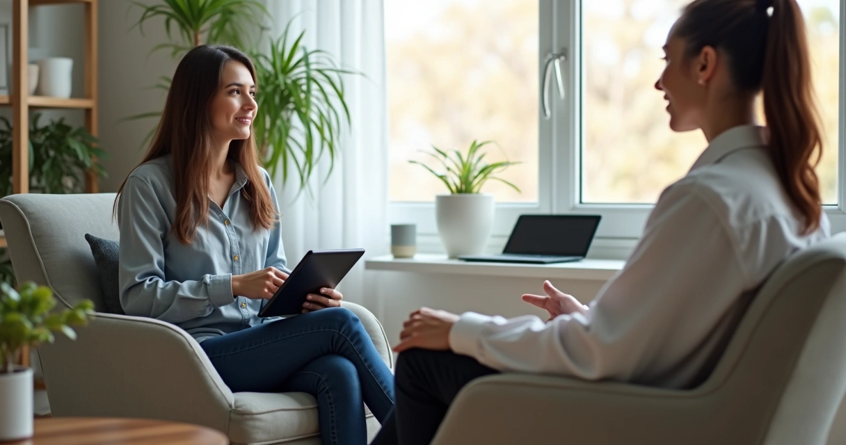 Paciente usando tablet em ambiente acolhedor com paciente, interface digital exibida na tela mostrando elementos de experiência do usuário 
