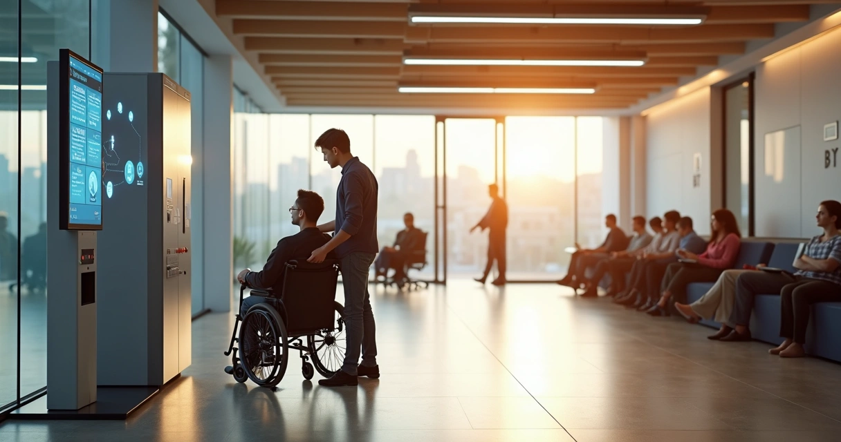 Atendimento acessível em repartição pública com agente de IA ajudando usuário em cadeira de rodas 