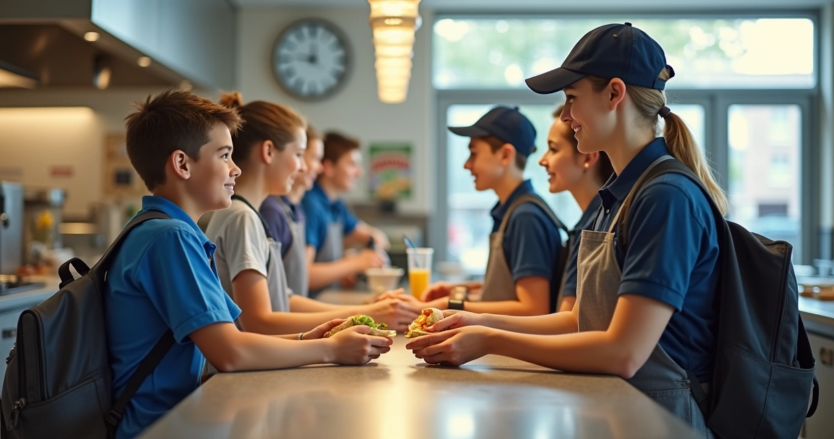 Atendente serve aluno rapidamente em cantina escolar durante intervalo 