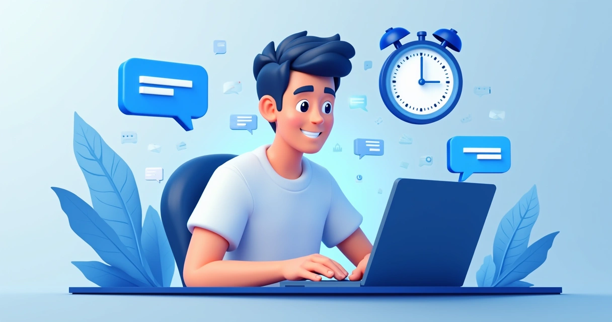 Pessoa respondendo rapidamente em um chat online, com ícones de notificações digitais 