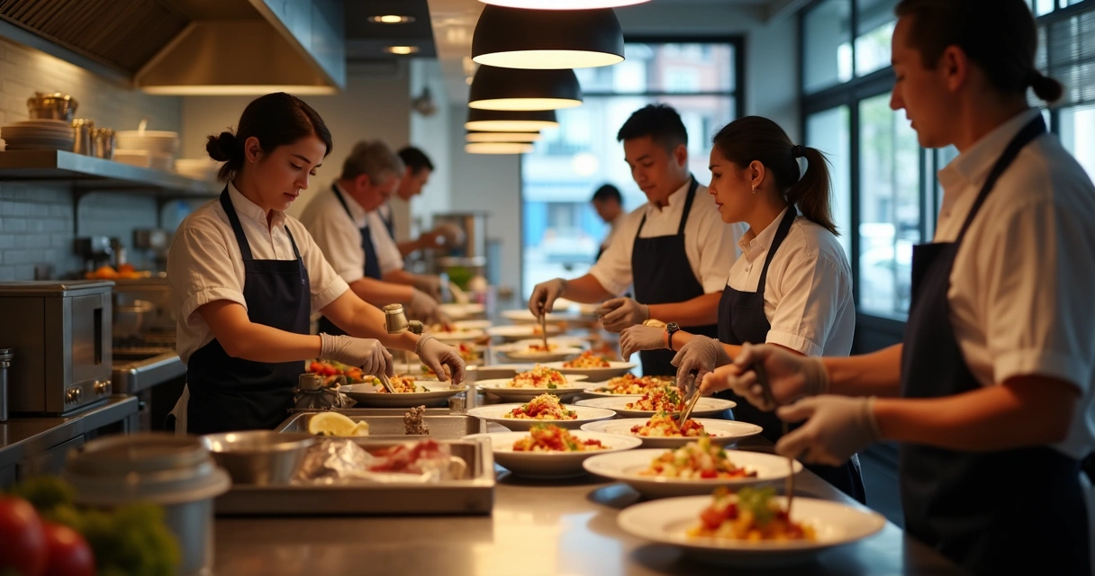 Equipe de restaurante agilizando atendimento em promoção-relâmpago 