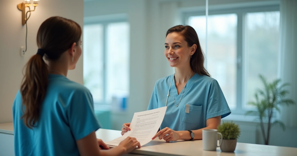 Recepção clínica respondendo rapidamente à dúvida de paciente