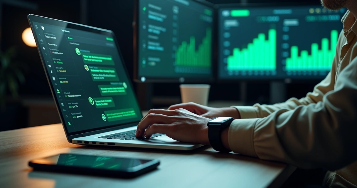 Profissional de marketing respondendo rápido no WhatsApp com painel de métricas de tempo de resposta e vendas ao fundo 