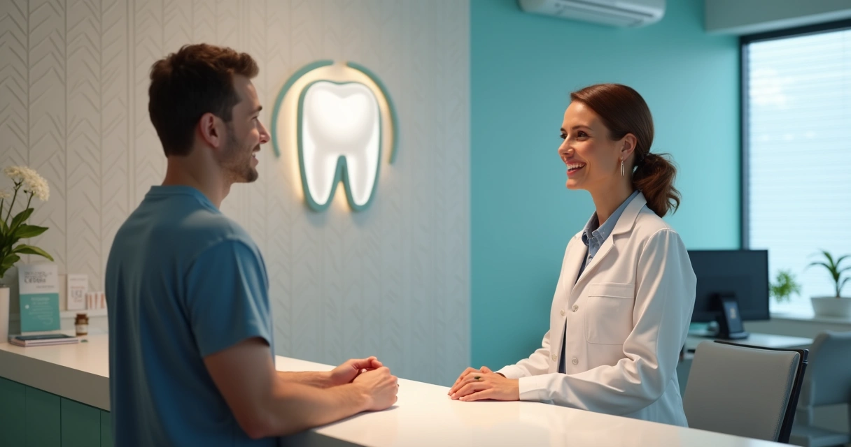 Recepcionista em clínica odontológica conversando com paciente na recepção 