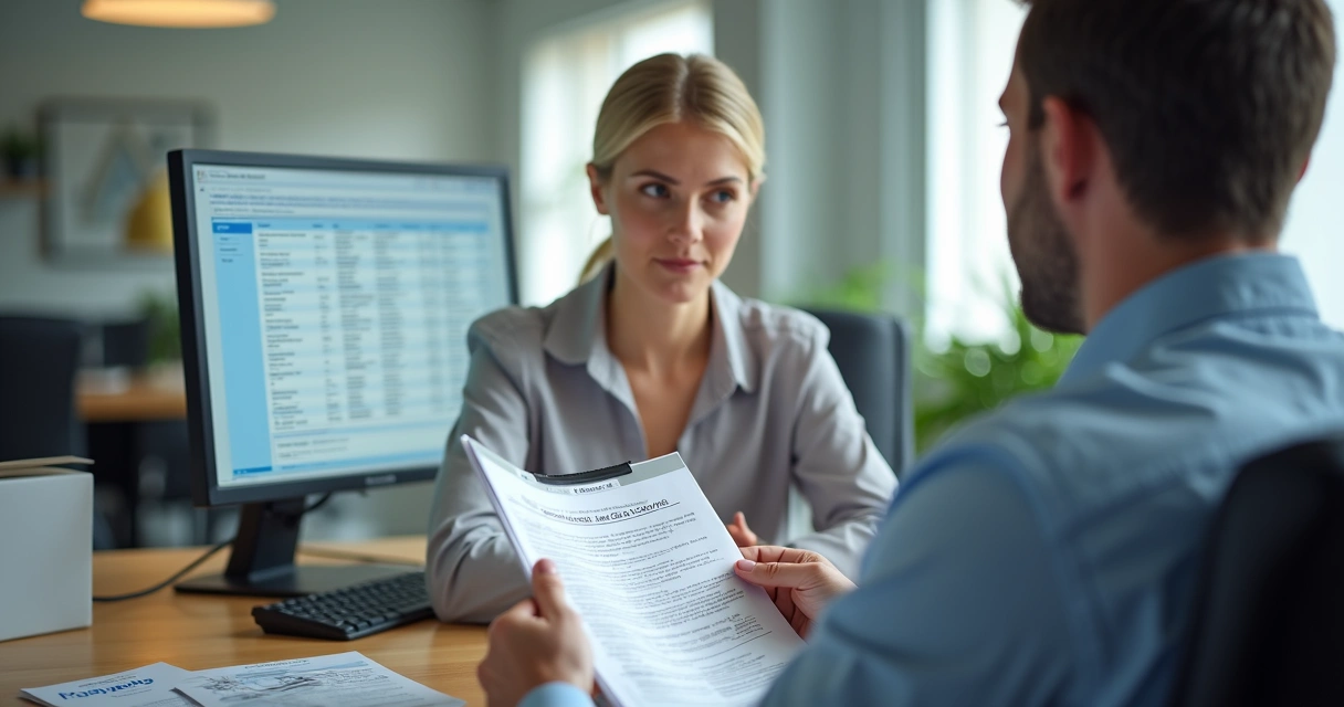 Pessoa conversando com atendente sobre reclamação de plano de saúde em ambiente de escritório 