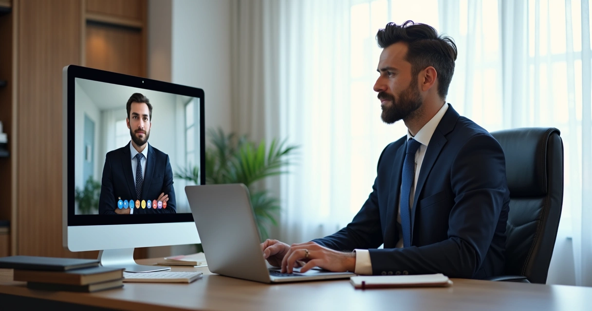 Advogado em atendimento remoto pelo computador 