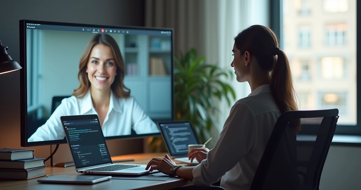 Advogada consultando cliente remotamente por IA 