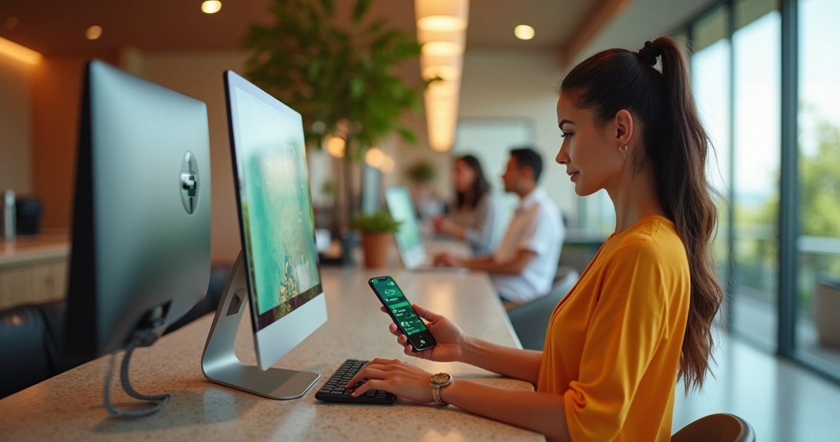 Recepcionista de resort usando computador e smartphone em balcão moderno 