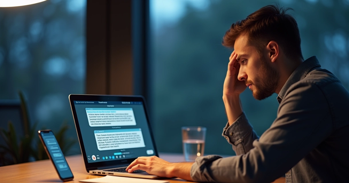 Cliente frustrado diante de chatbot em notebook 