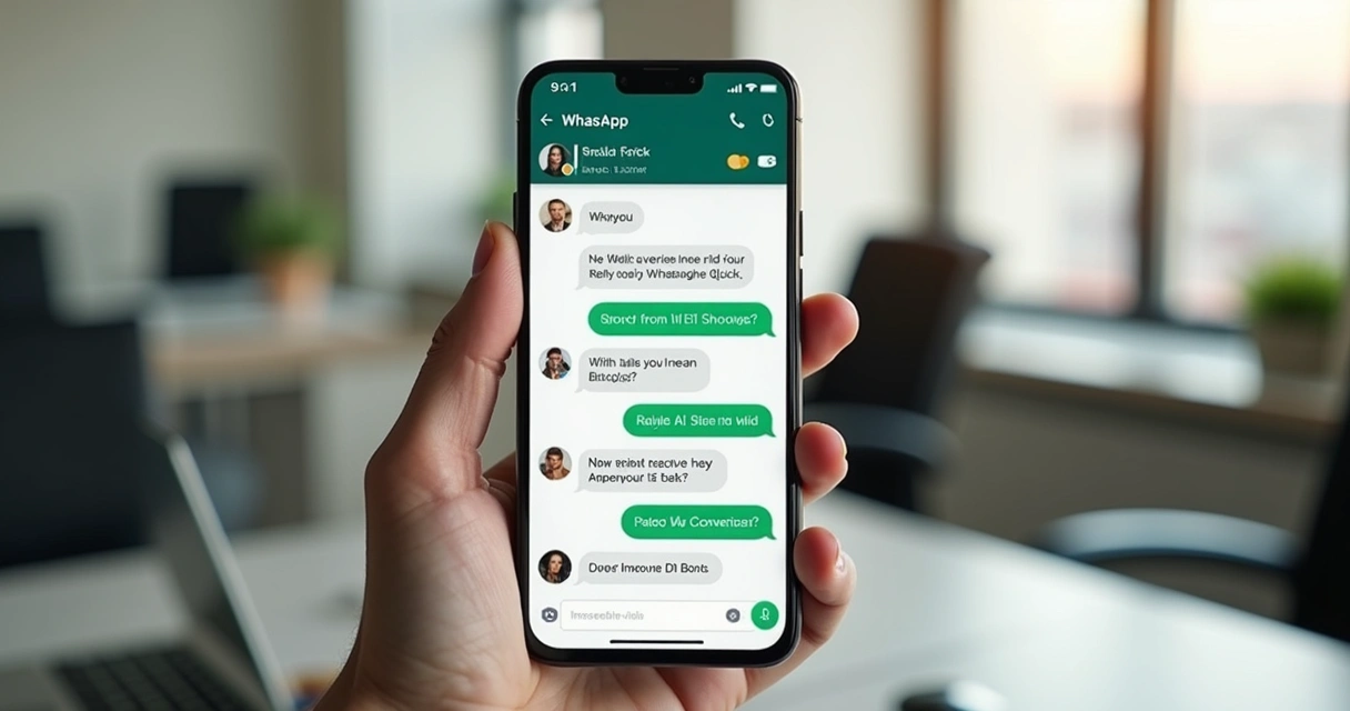 Tela de um smartphone exibindo um chat de robô de atendimento no WhatsApp com mensagens automatizadas em fundo claro 