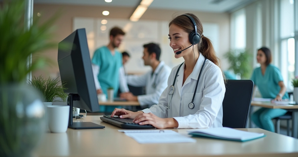 Secretária de clínica em atendimento via computador moderno