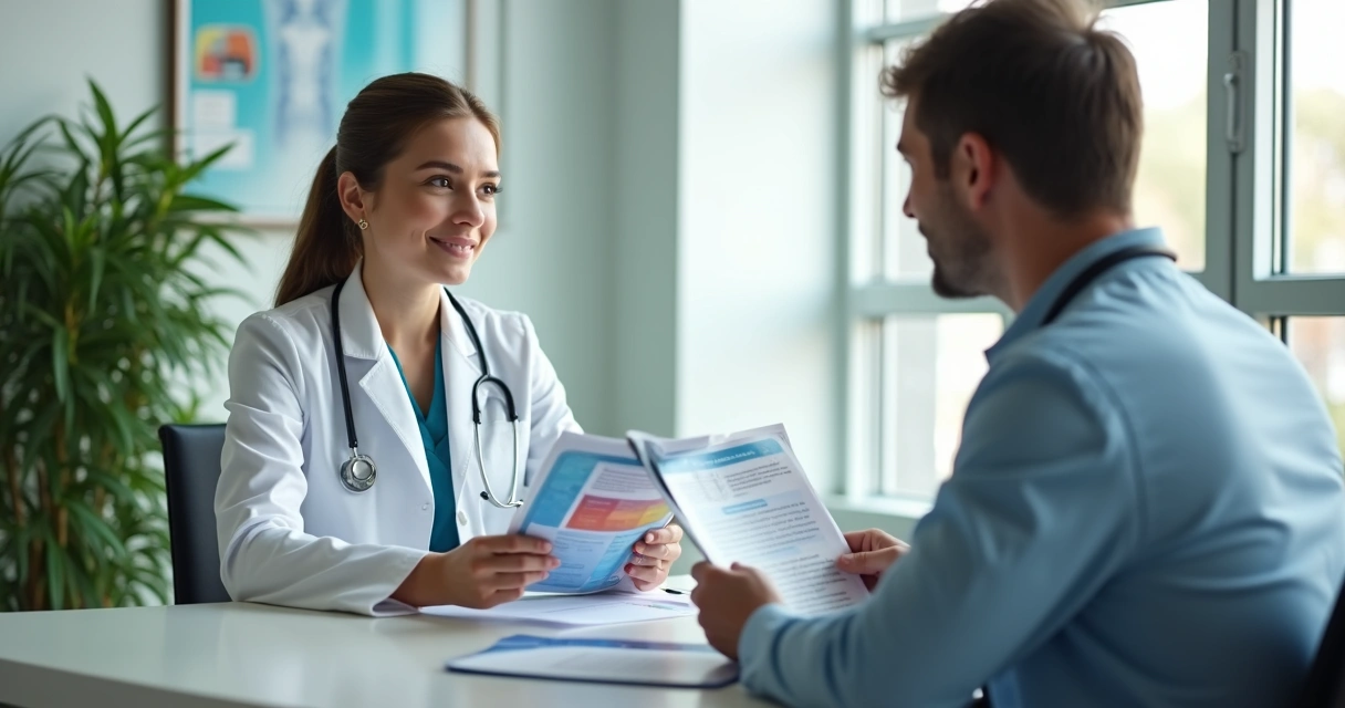 Consultor explicando apólice médica para jovem médica em consultório 