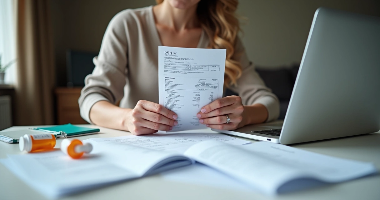Mulher mostrando recibos médicos e notas fiscais em mesa com notebook 
