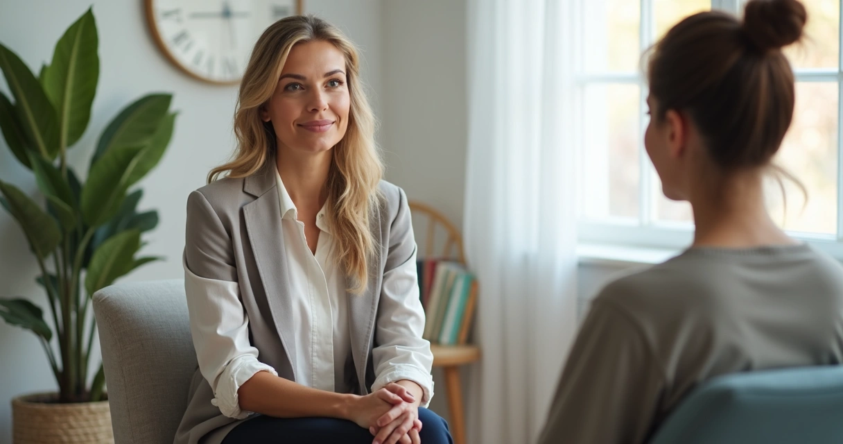 Sessão de atendimento sistêmico com terapeuta e cliente em ambiente acolhedor 