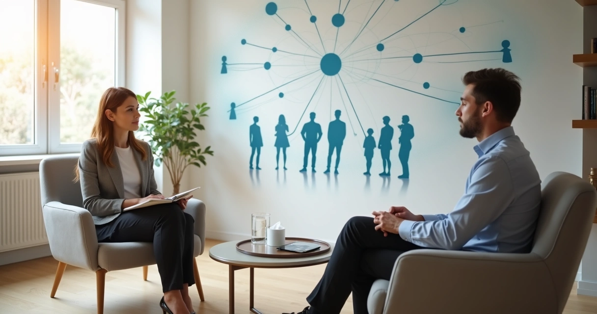 Terapeuta em consultório atendendo paciente com figuras representando conexões sistêmicas ao redor 