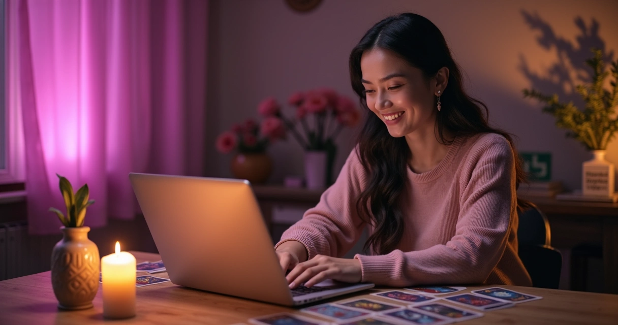 Mulher em frente ao computador em ambiente místico com cartas de tarot 