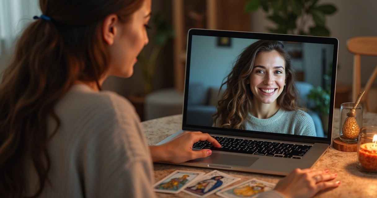 Mulher sorrindo em chamada de vídeo para consulta de tarot 
