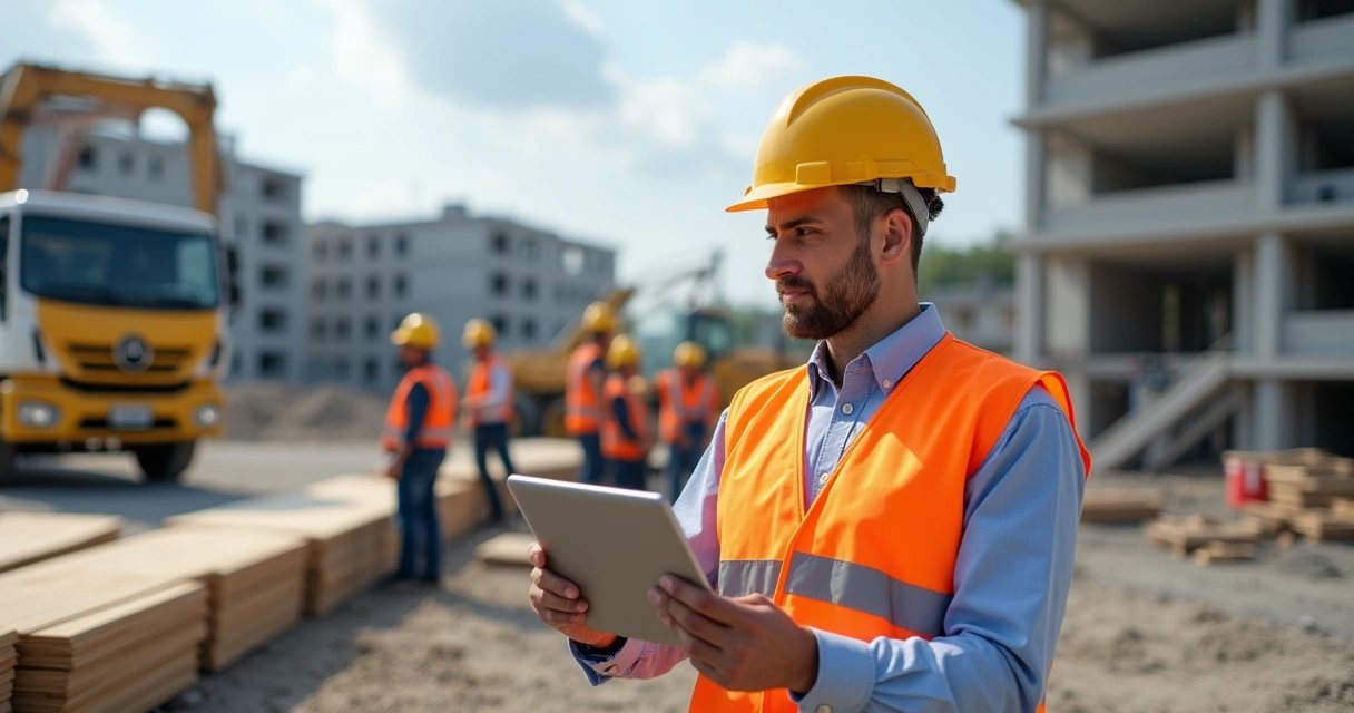 Profissional de assistência técnica vistoriando obra com tablet. 