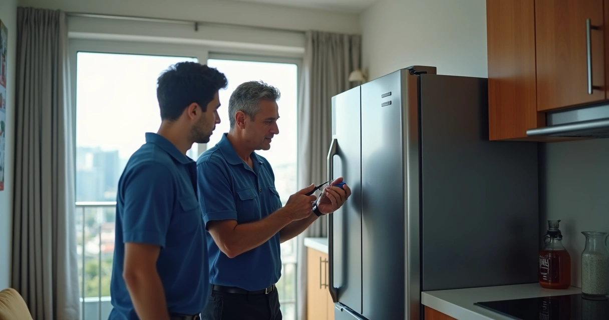 Técnico examinando geladeira na casa de cliente, Tijuca, Rio de Janeiro 