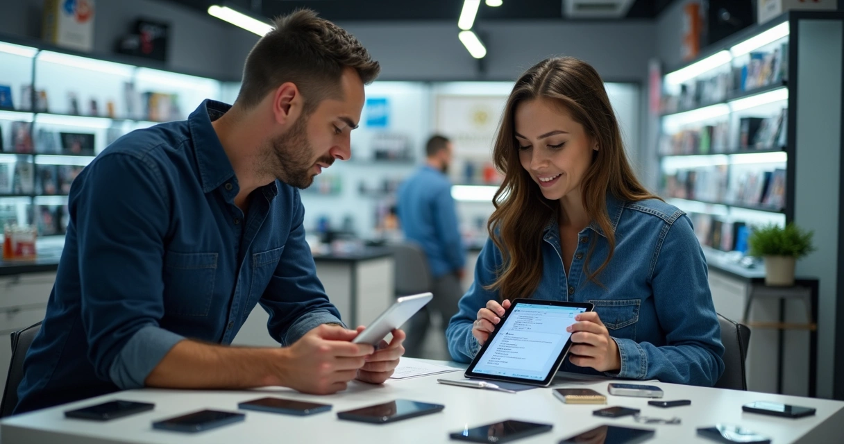 Técnico de loja de celular mostrando tela de tablet ao cliente