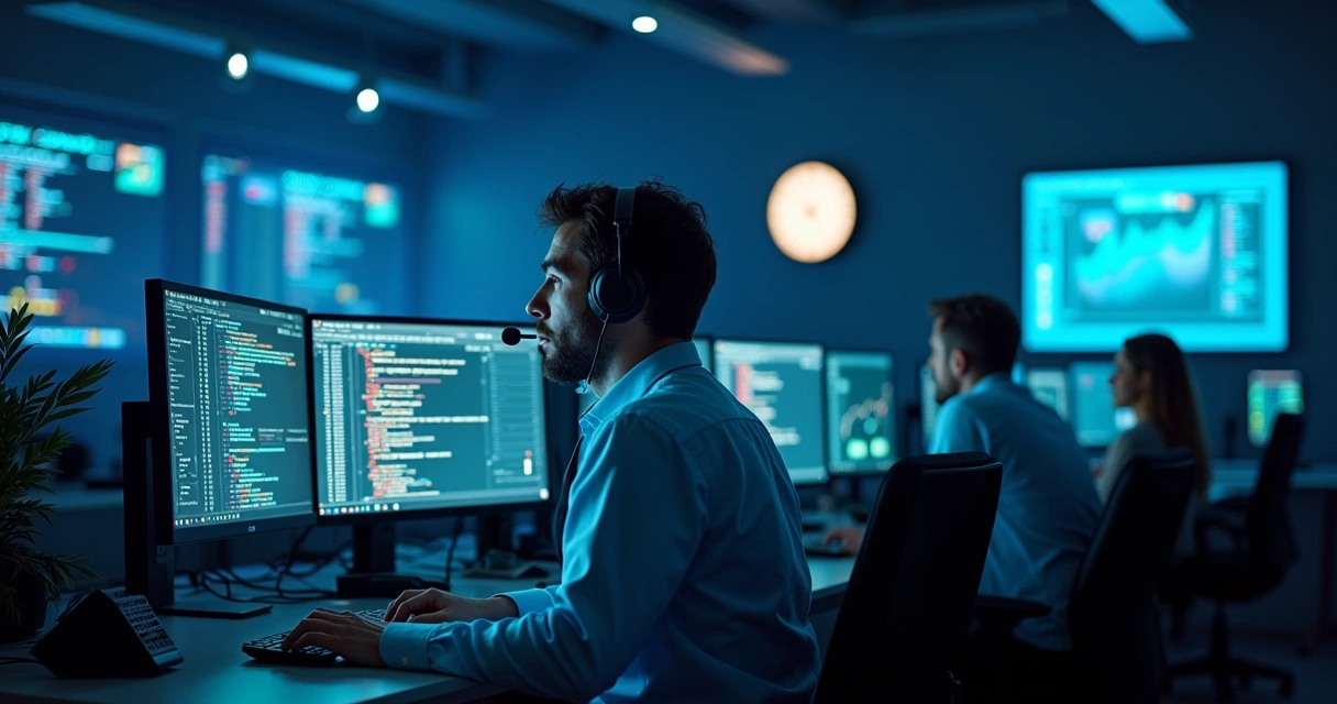 Técnico em uma central de suporte trabalhando à noite