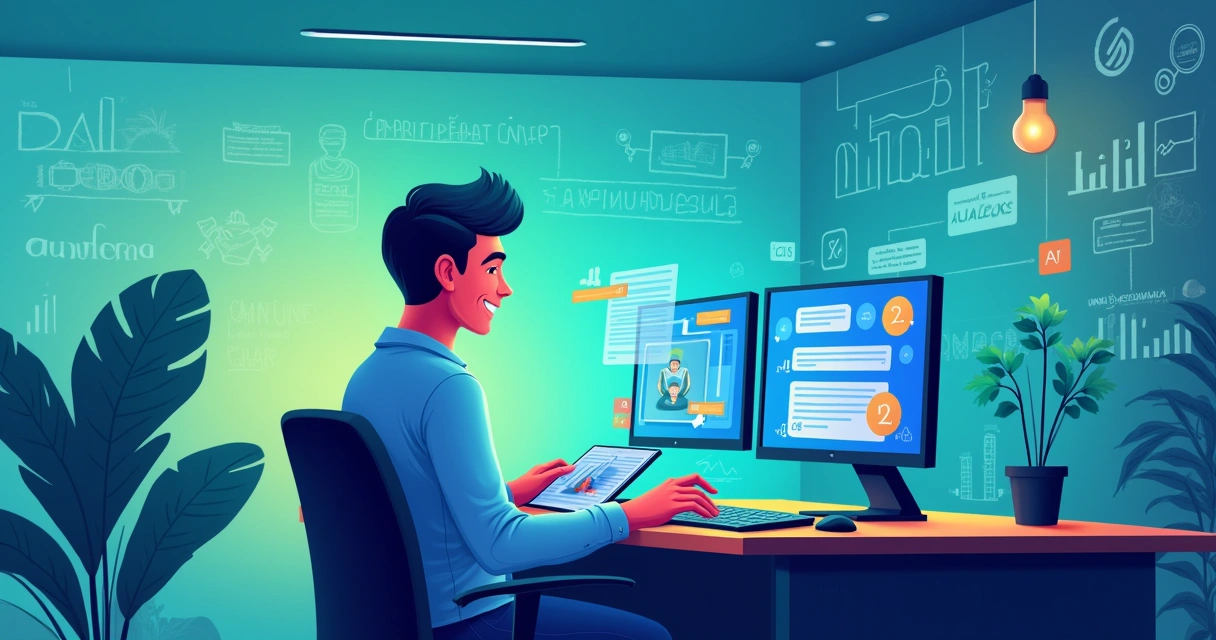 Ambiente moderno de atendimento ao cliente com atendente feliz, chatbot interativo e gráficos de análise de dados em tempo real.