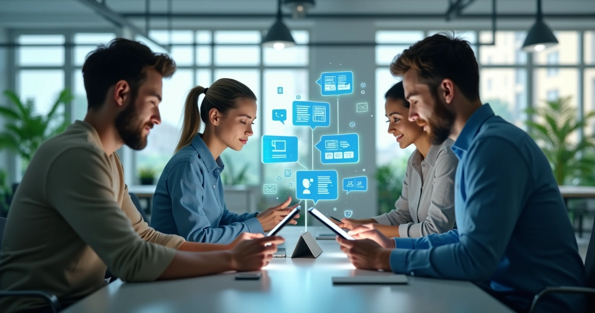 Equipe usando tablets e computadores em ambiente de atendimento moderno 