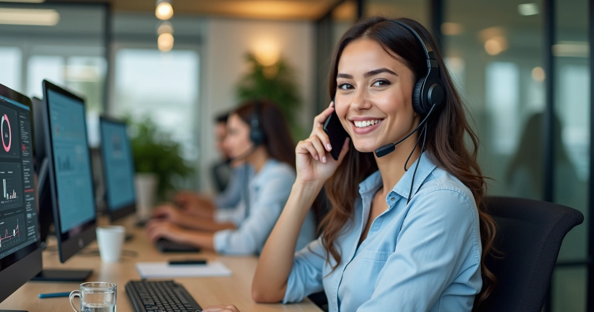 Agente de telemarketing sorrindo ao telefone em ambiente de call center 