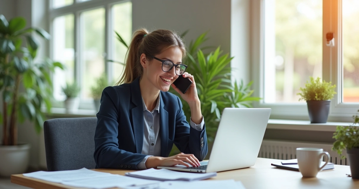 Profissional falando ao telefone e sorrindo, com papéis e laptop na mesa 