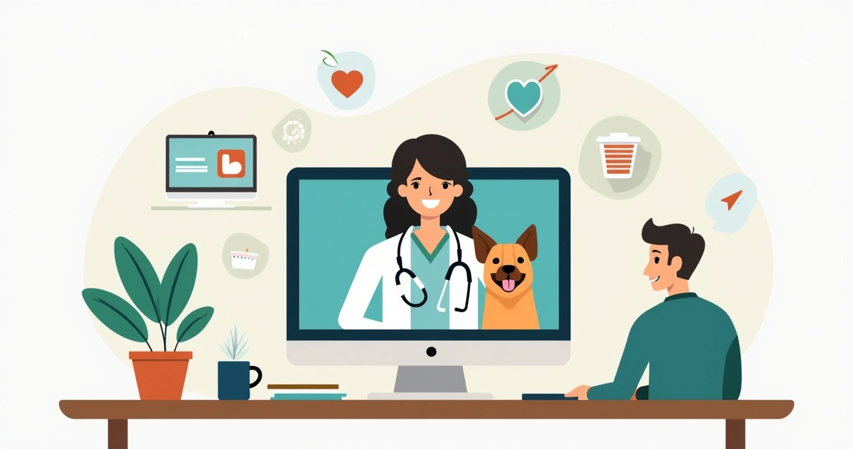 Veterinária realizando uma consulta online com um cachorro e seu tutor, ambos em ambiente doméstico 