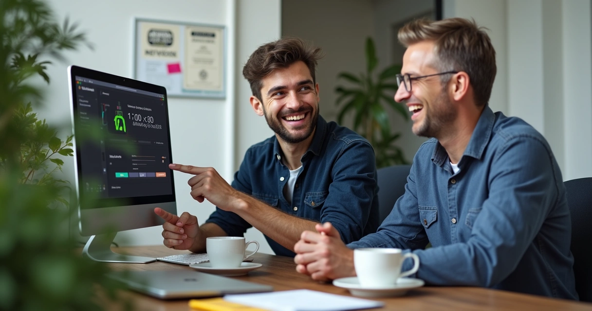 Especialista de TI conversando amigavelmente com contador em escritório, notebooks e gráficos ao fundo 