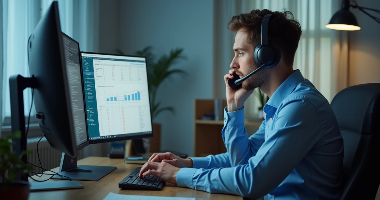 Agente de TI ao telefone em ambiente de escritório, notebook aberto, semblante de resolução 