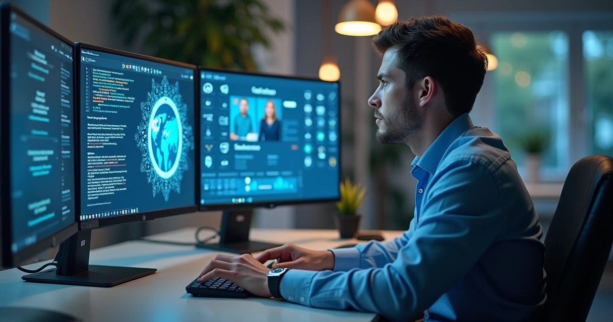 Técnico de TI acessando computador de escritório de contabilidade 