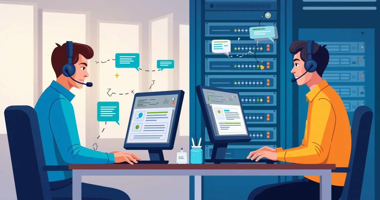Técnico de TI atendendo remotamente pelo computador e outro presencialmente com servidor