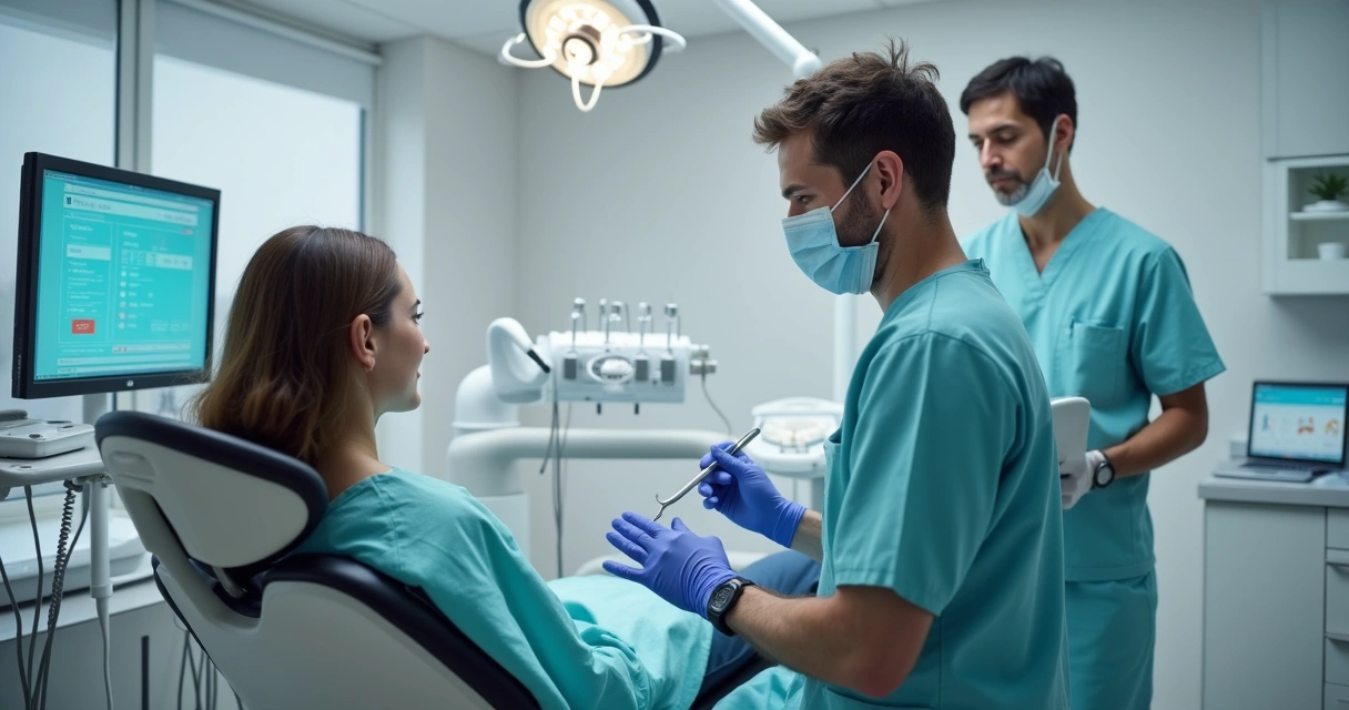 Dentista atendendo urgência com prontuário digital aberto 