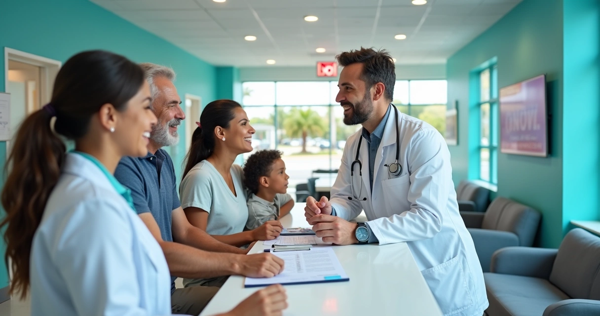 Clínica de atendimento médico urgente em Dr. Phillips com médico e família brasileira na recepção 